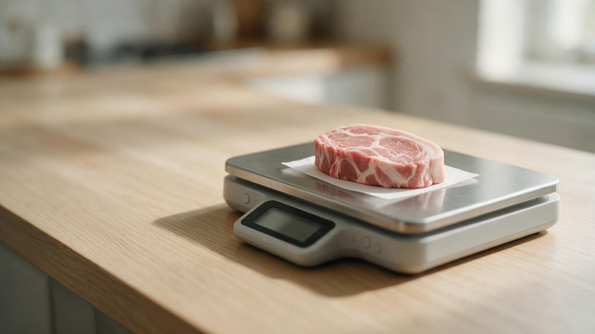 A cut of meat on a digital kitchen scale on a wooden counter