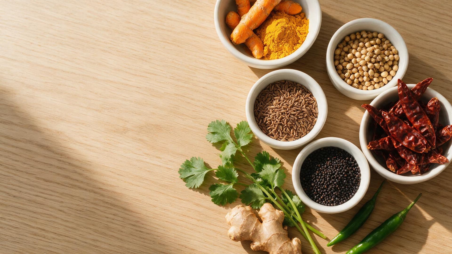 Whole Indian spices in ceramic bowls on a wooden kitchen counter