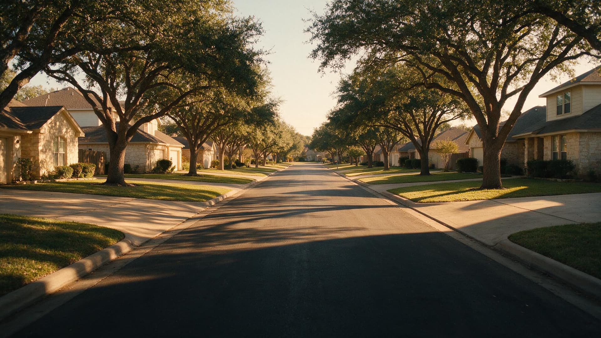 A tree-lined residential street in a Texas neighbourhood