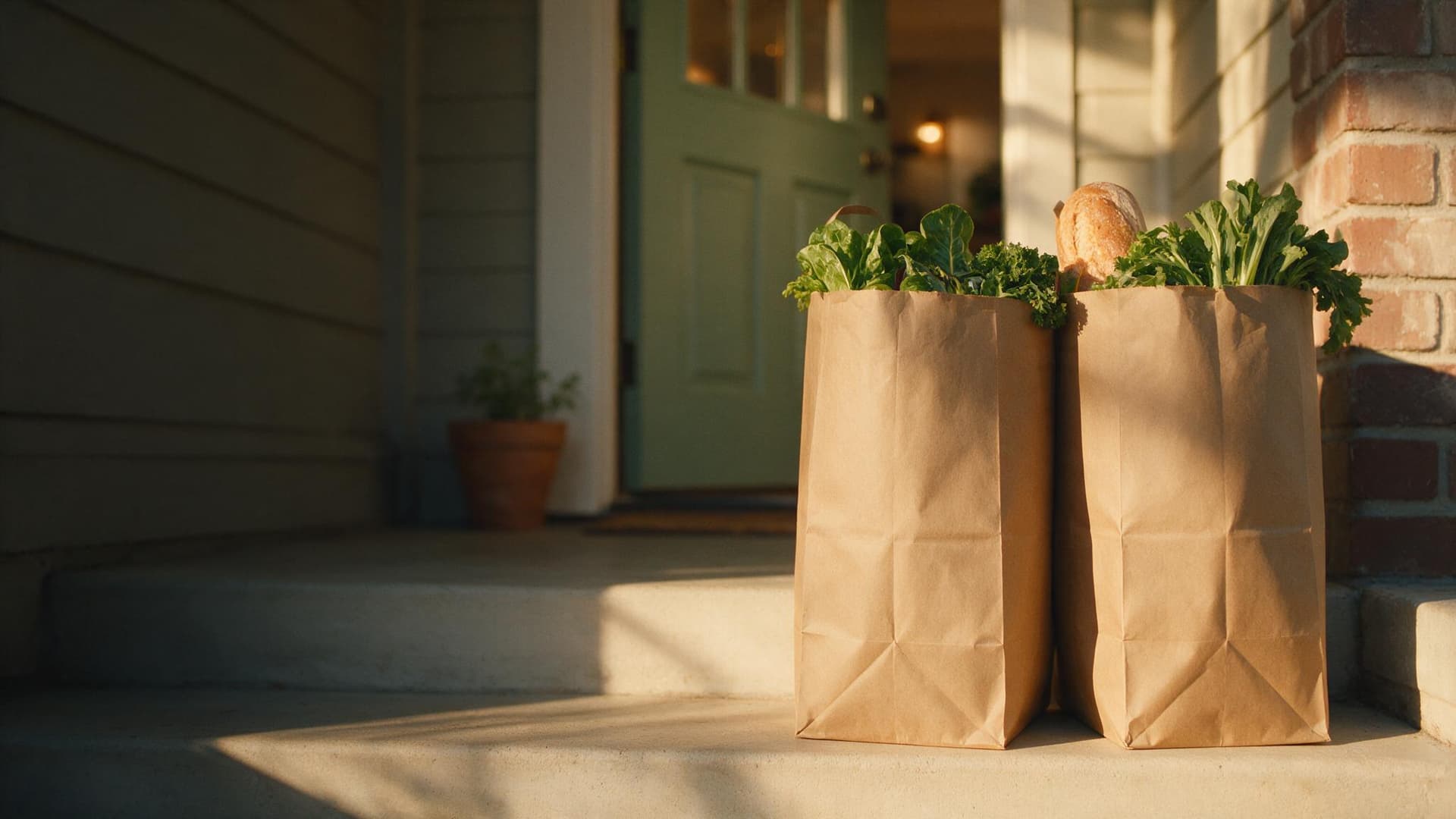 Grocery bags delivered to the front step of a Texas home at golden hour