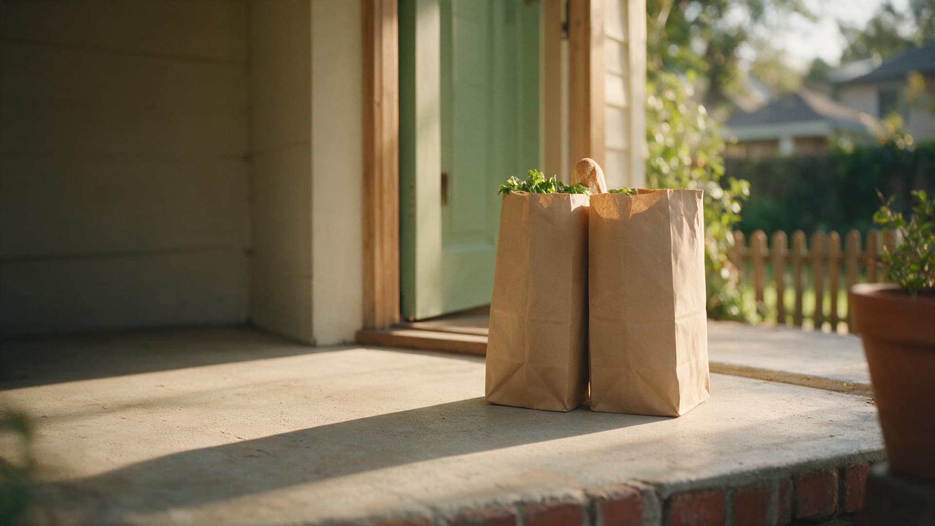Paper grocery bags on the front step of a suburban home