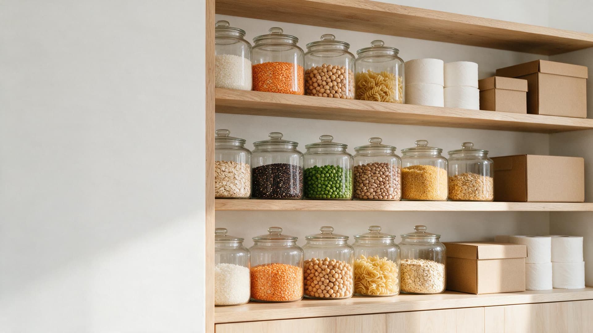A well-stocked home pantry shelf with bulk jars and storage